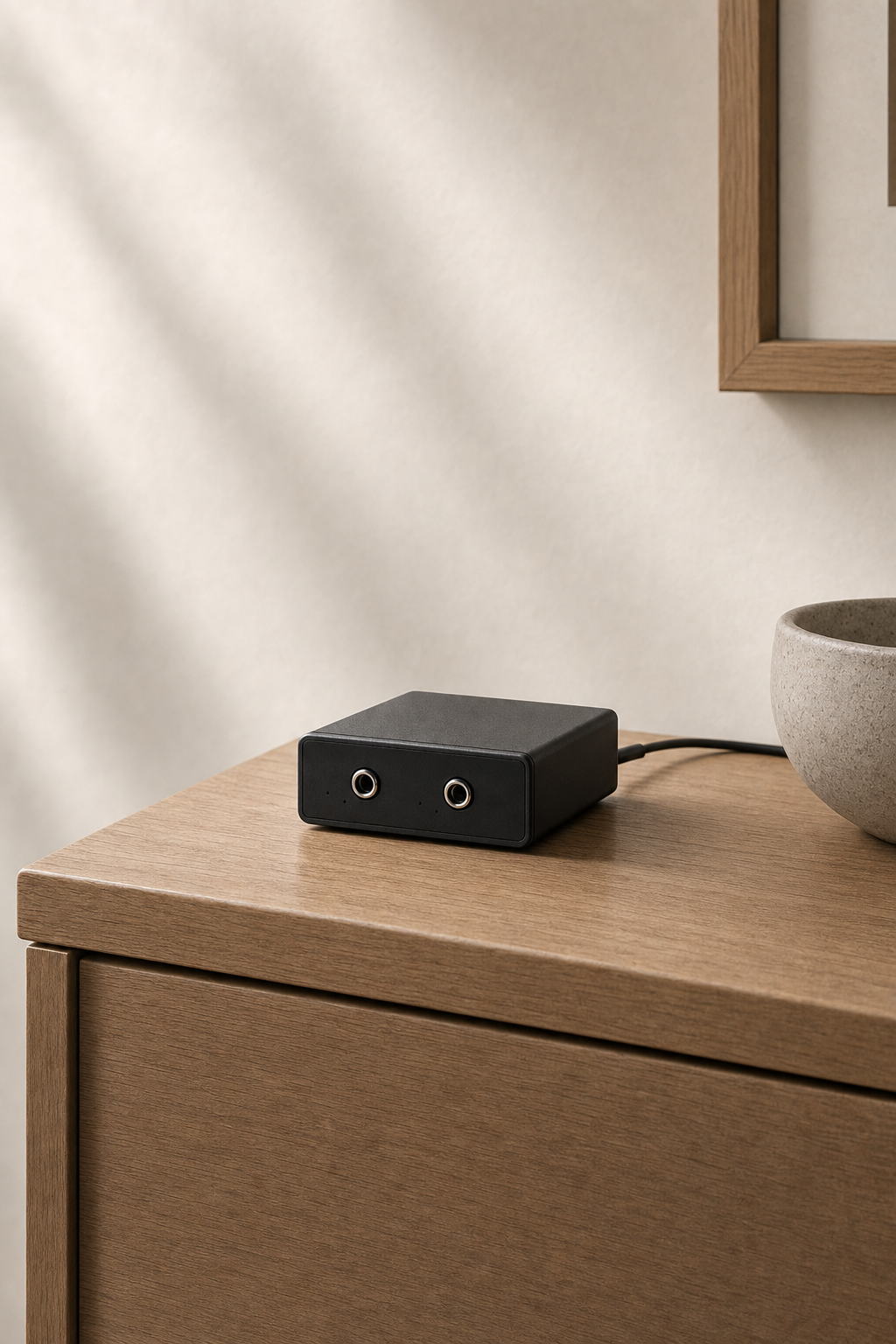 A compact black Beobridge box on an elegant oak surface with a clean rear cable route