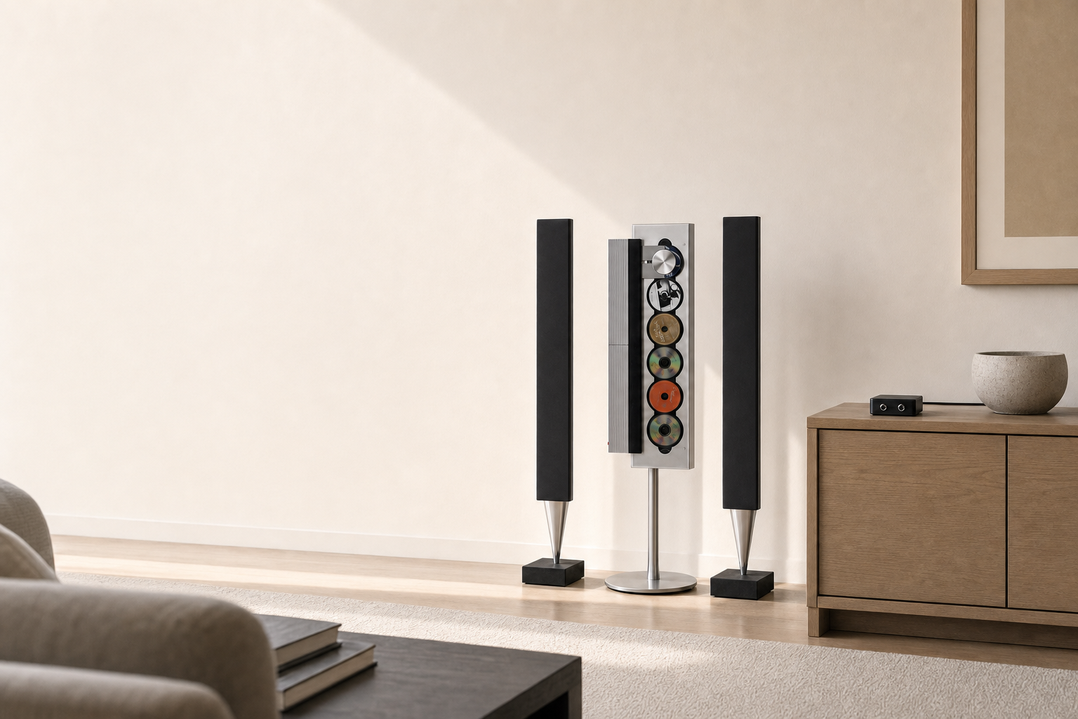 Classic Bang & Olufsen BeoSound tower audio system with floor speakers in a warm Scandinavian living room