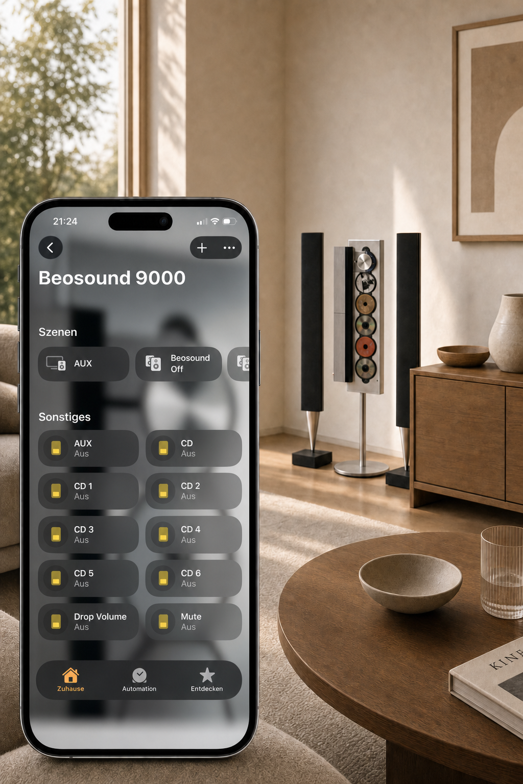 iPhone showing Beobridge controls inside Apple Home